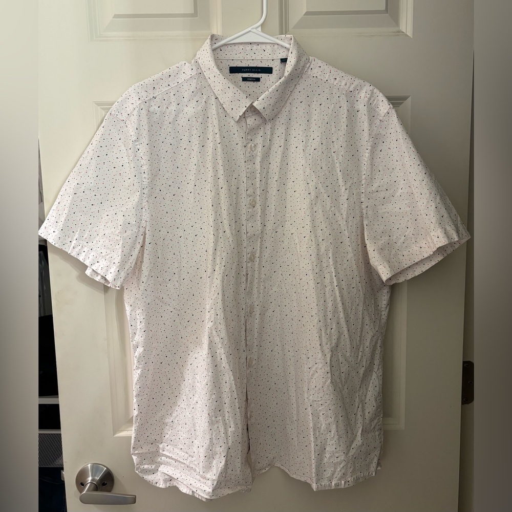 Perry Ellis Printed Slim Fit Stretch Button Down Shirt in White, Tall XXL
